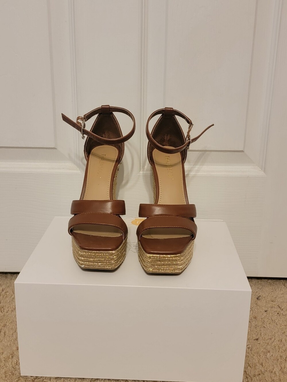 Thalia Sodi Brown Leather Wedge Espadrille Sandals with Gold Platform